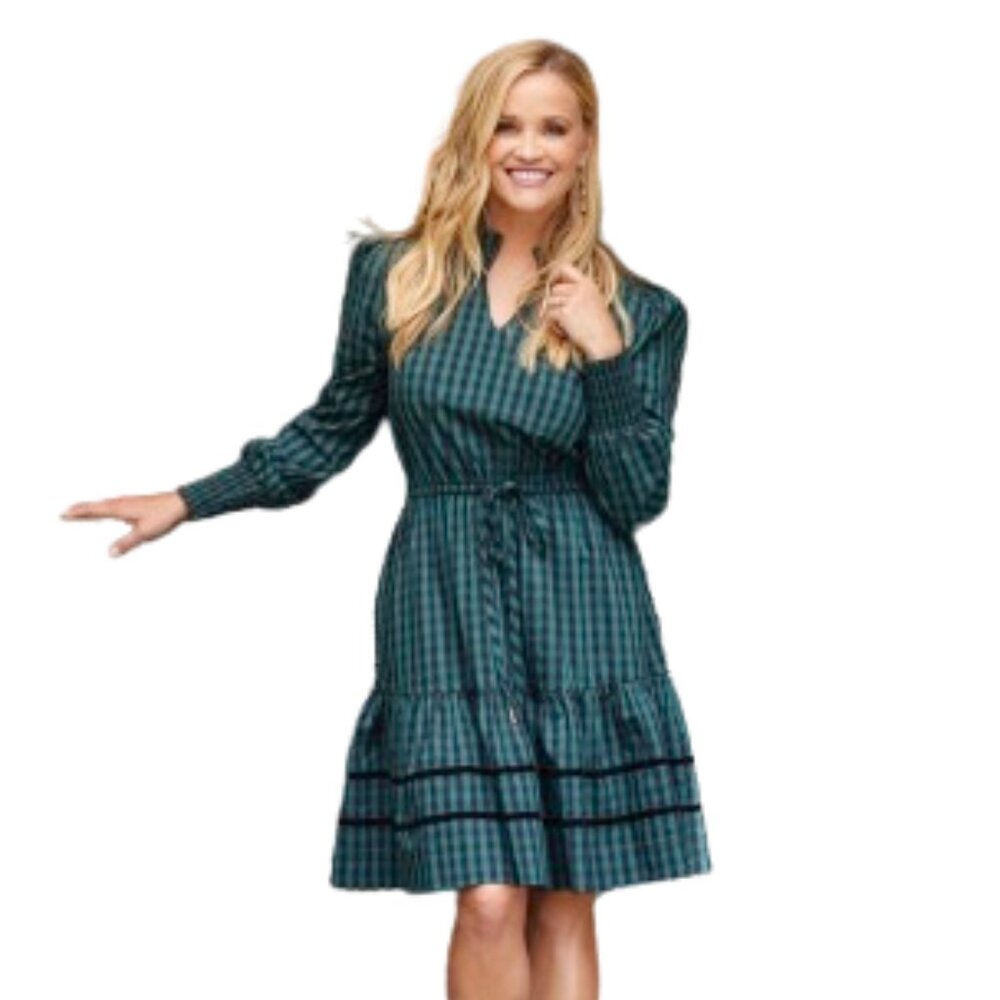 DRAPER JAMES Green Gingham Long Sleeve Dress